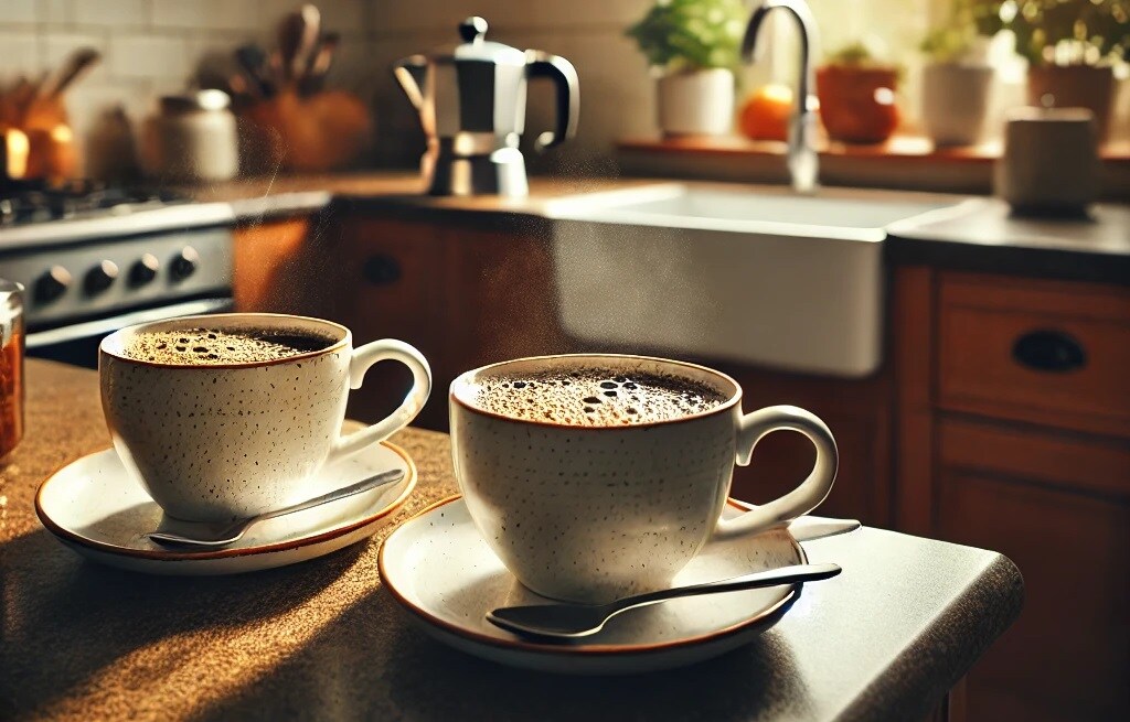 Two steaming cups of instant coffee sitting on a kitchen counter, with warm steam rising, creating a cozy and inviting atmosphere.