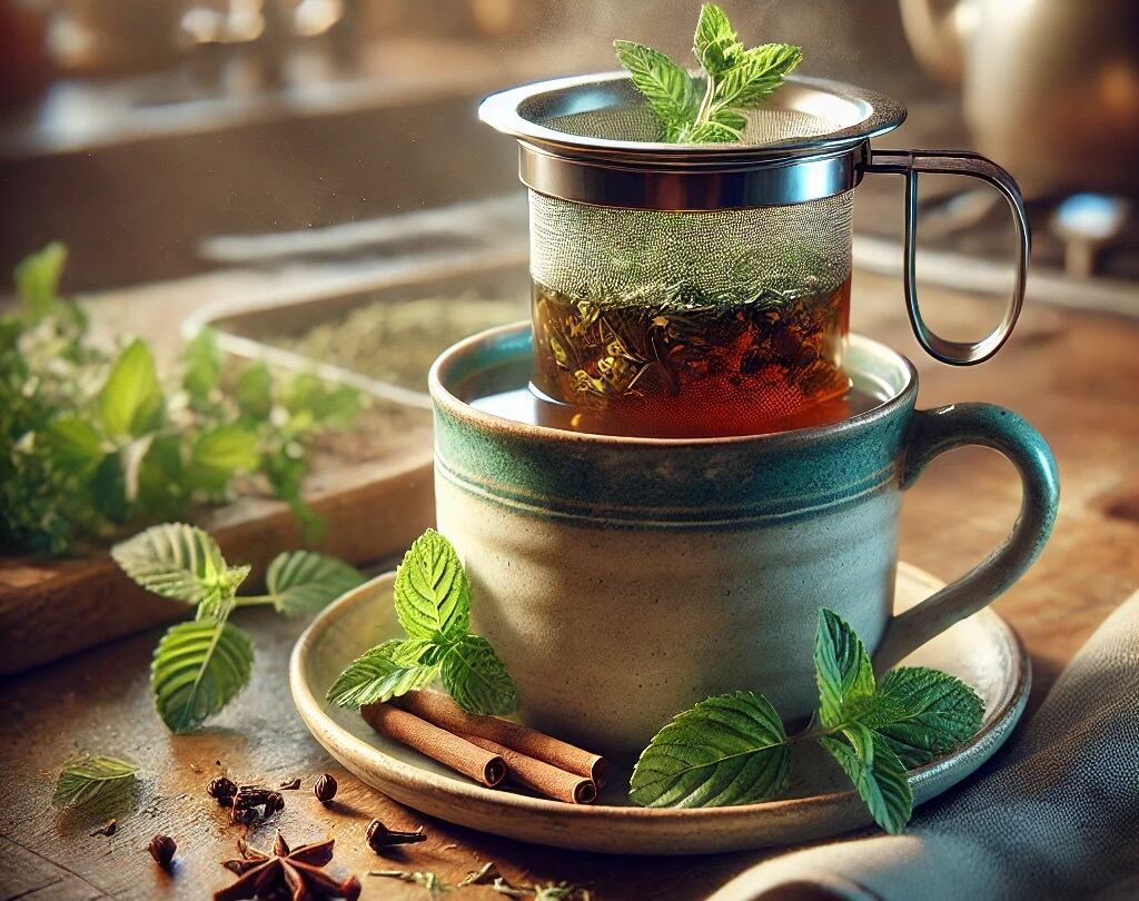 A green tea cup with an infuser inside, sitting on a saucer with mint leaves and a cinnamon stick placed around it.